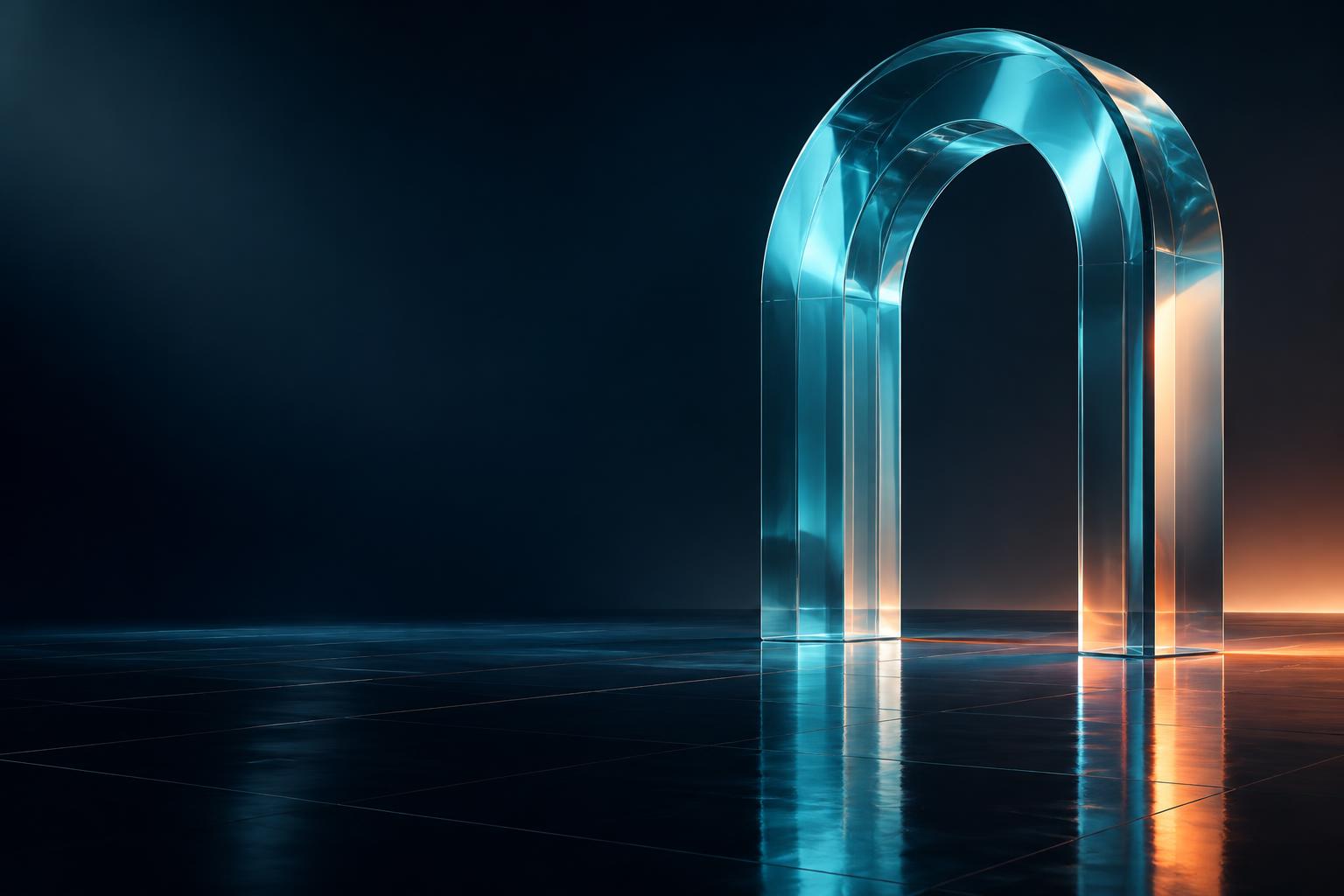 Un arco di vetro illuminato in cyan, simbolo di nuove possibilità digitali